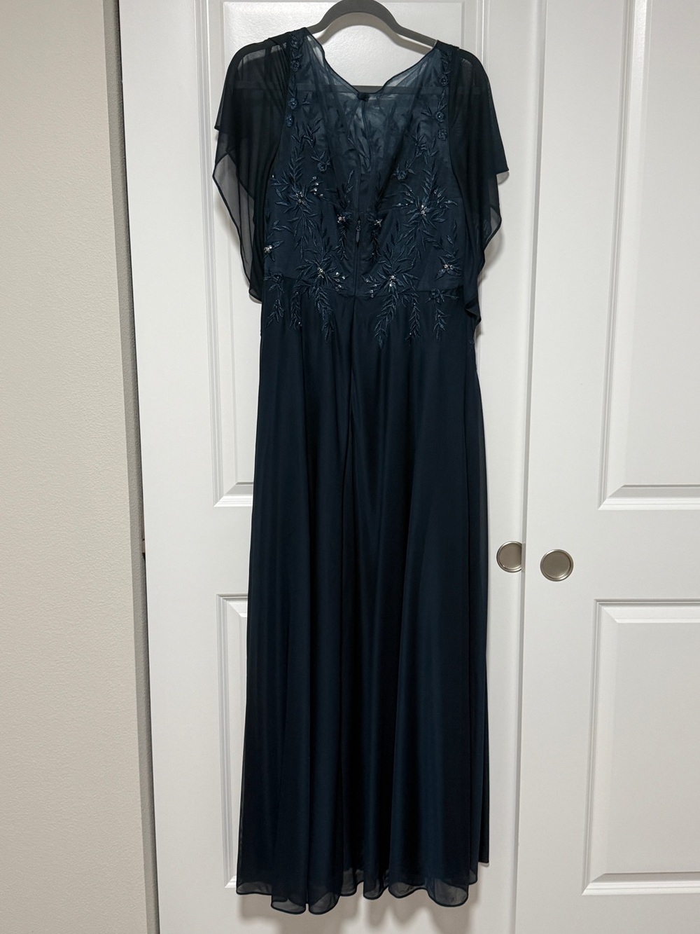 Azazie Dress Formal Gown Embroidered Maxi Wedding Evening Navy Blue